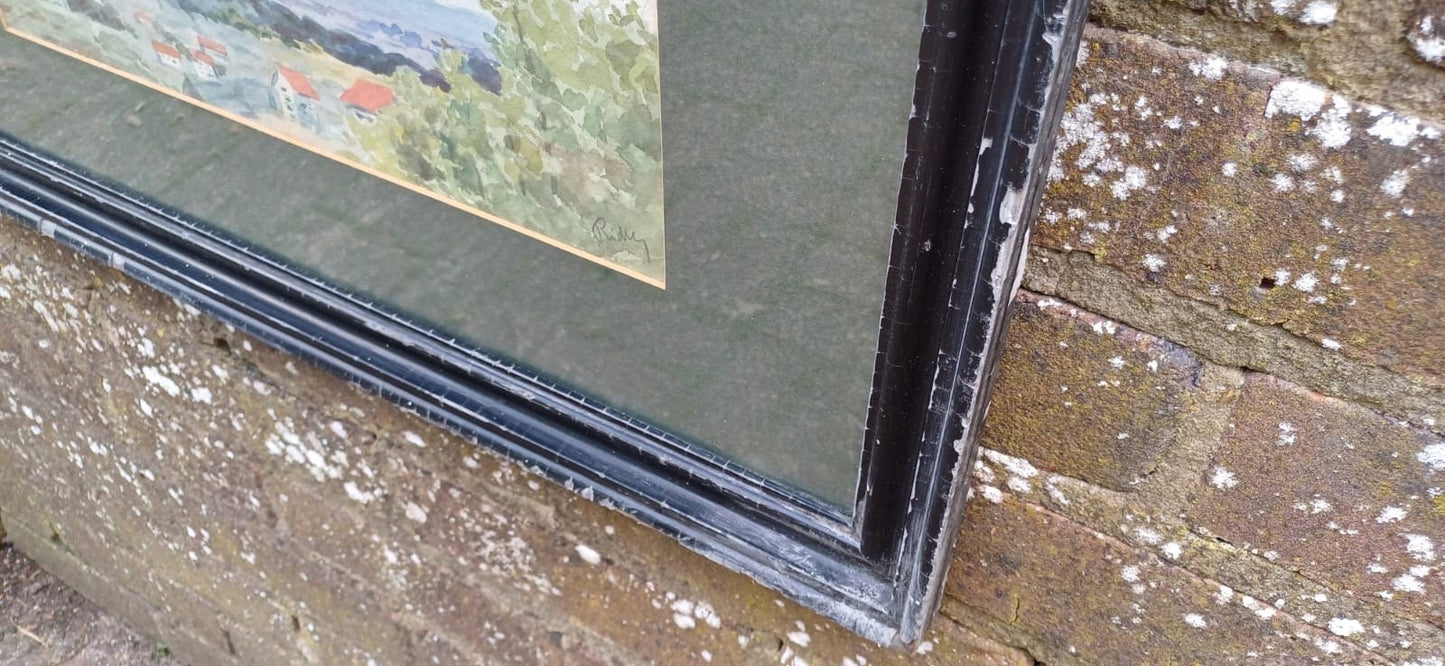 Vintage black gesso frame with a landscape watercolour painting, original vintage painting in vintage black glazed frame, early 1900s