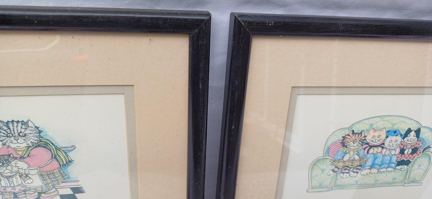 Three Pairs Collection of Vintage Pictures Picture Frames Framing Glazed with Boarded Backings Frame Artist.Teddies Owl Donkey and Cats.