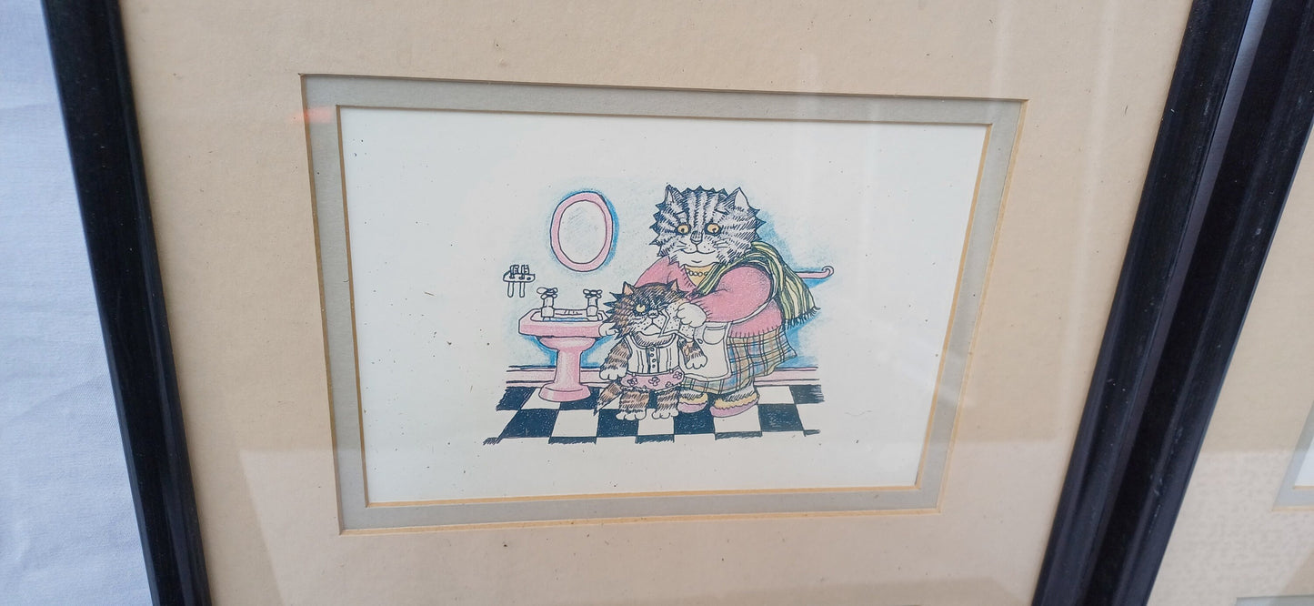 Three Pairs Collection of Vintage Pictures Picture Frames Framing Glazed with Boarded Backings Frame Artist.Teddies Owl Donkey and Cats.