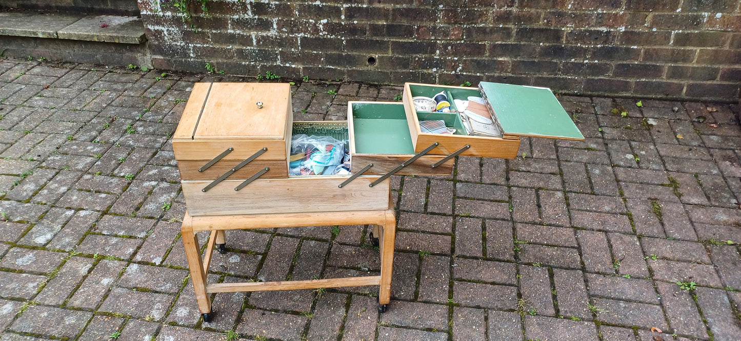 Vintage Retro Hand Stripped Mid 20th Century Beech Expanding Workbox Needlepoint Needlework Storage.