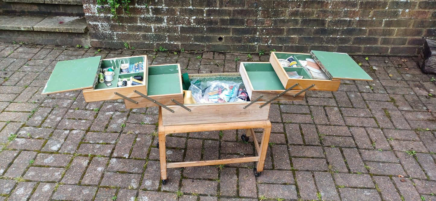 Vintage Retro Hand Stripped Mid 20th Century Beech Expanding Workbox Needlepoint Needlework Storage.