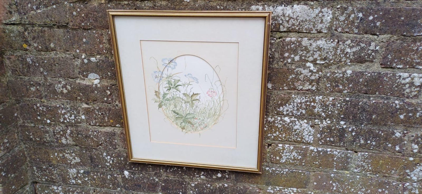 Vintage original watercolour of spring summer flowers - 1980s water colour painting of flowers in vintage glazed frame