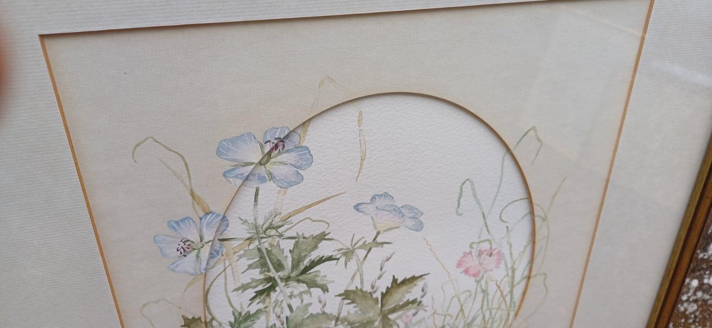 Vintage original watercolour of spring summer flowers - 1980s water colour painting of flowers in vintage glazed frame