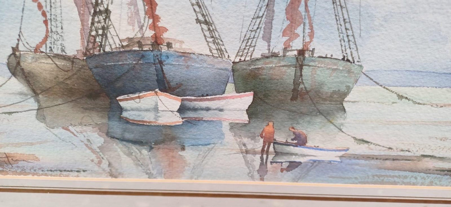 Vintage maritime boat watercolour by David Eddington, signed - in glazed vintage frame, East Anglia seaside scenes