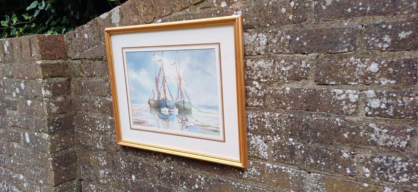 Vintage maritime boat watercolour by David Eddington, signed - in glazed vintage frame, East Anglia seaside scenes