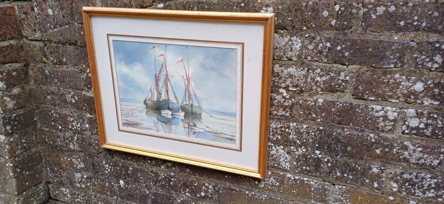 East Anglian seaside maritime boat themed watercolour painting by British artist David Eddington. Framed in glazed vintage frame. ready to hang