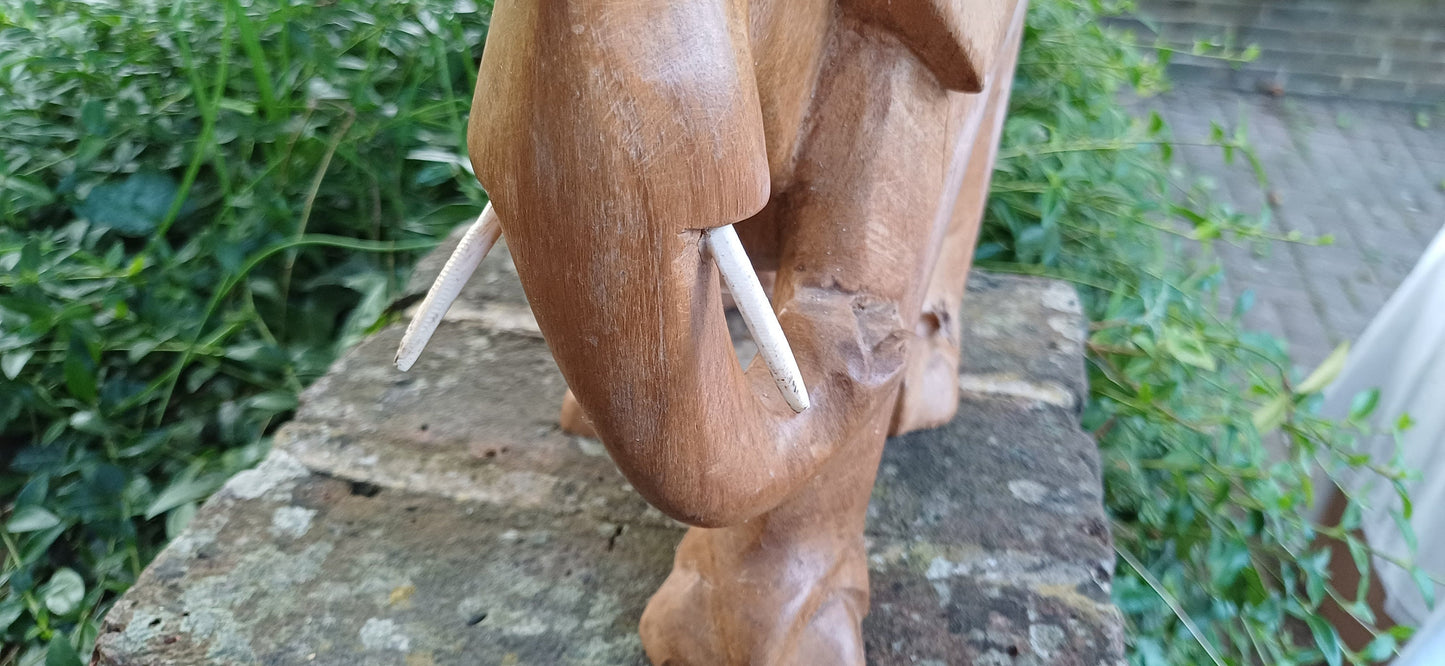 Superb Large Hand Carved Hardwood Elephant with Intact Tusks African Art