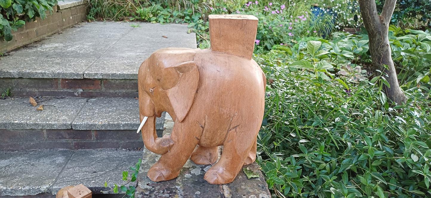 Superb Large Hand Carved Hardwood Elephant with Intact Tusks African Art