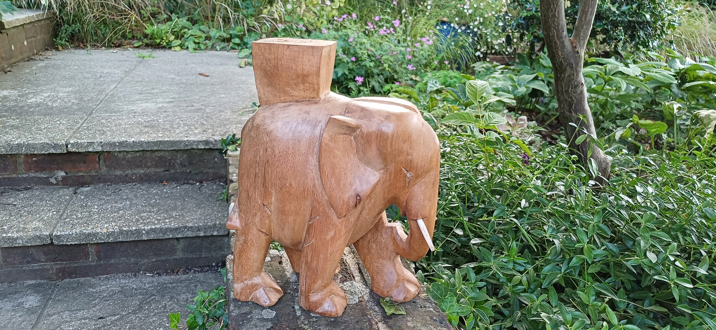 Superb Large Hand Carved Hardwood Elephant with Intact Tusks African Art