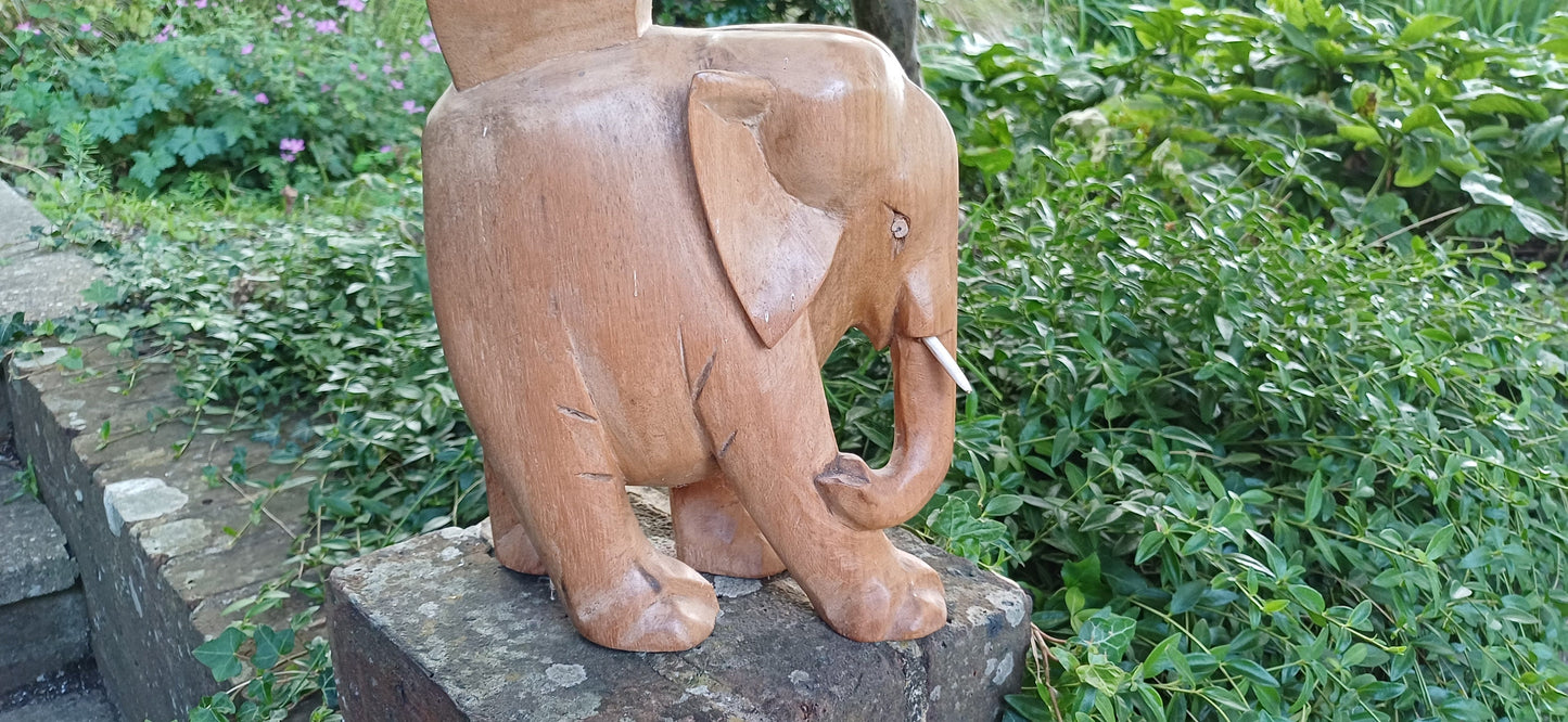 Superb Large Hand Carved Hardwood Elephant with Intact Tusks African Art