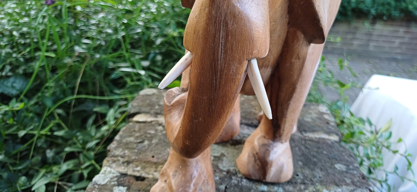 Superb Large Hand Carved Hardwood Elephant with Intact Tusks African Art