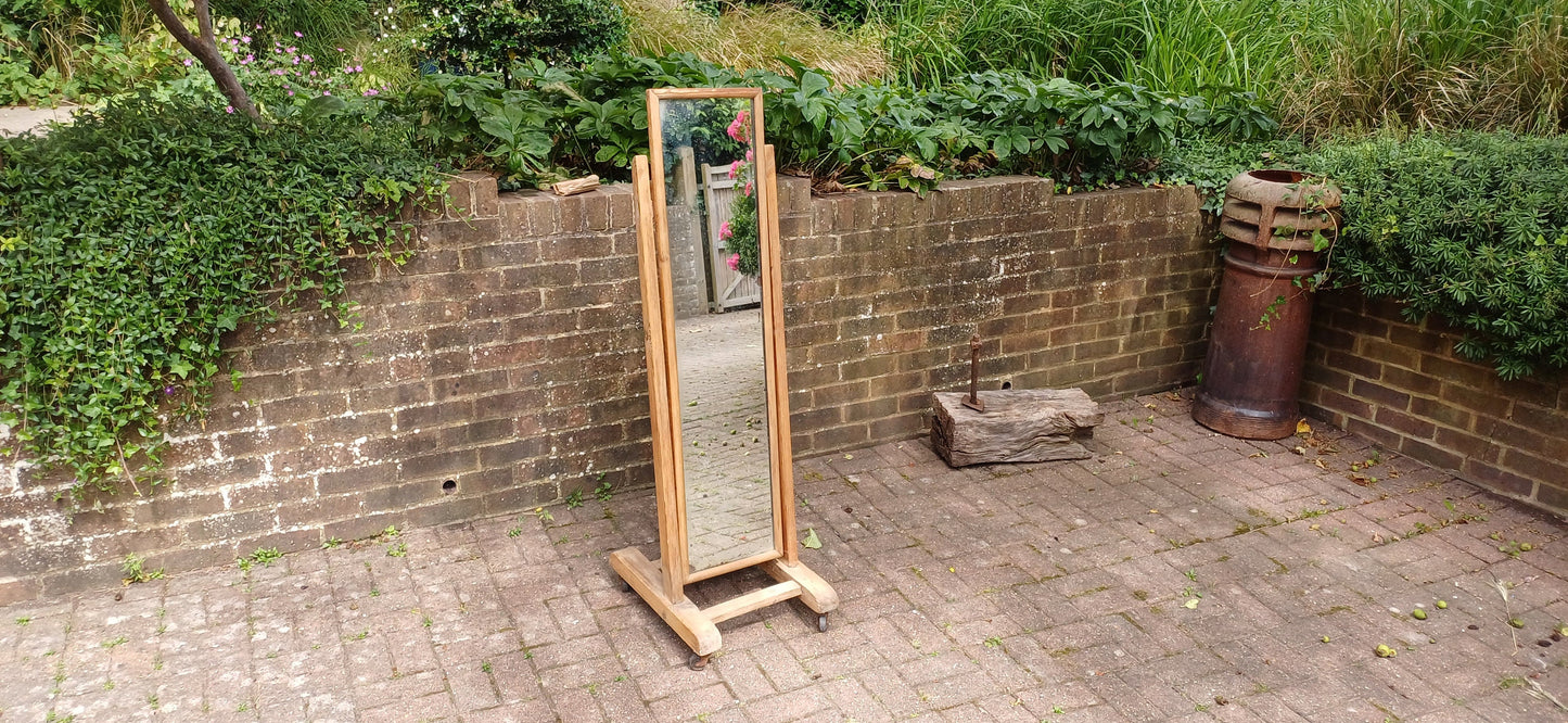 Unusual Former Shop Stripped Pine Cheval Mirror on Castors.
