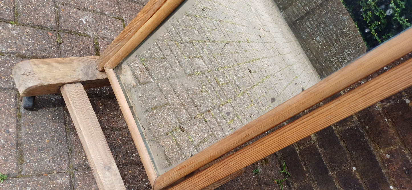 Unusual Former Shop Stripped Pine Cheval Mirror on Castors.