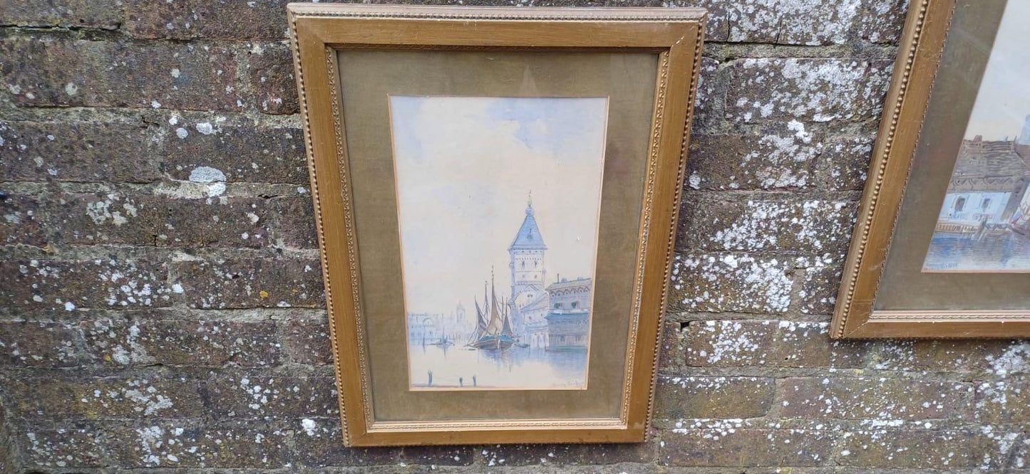 Vintage original watercolours of VENICE. Townscape scenes and water. Signed. Pair of paintings framed in gold painted vintage frames