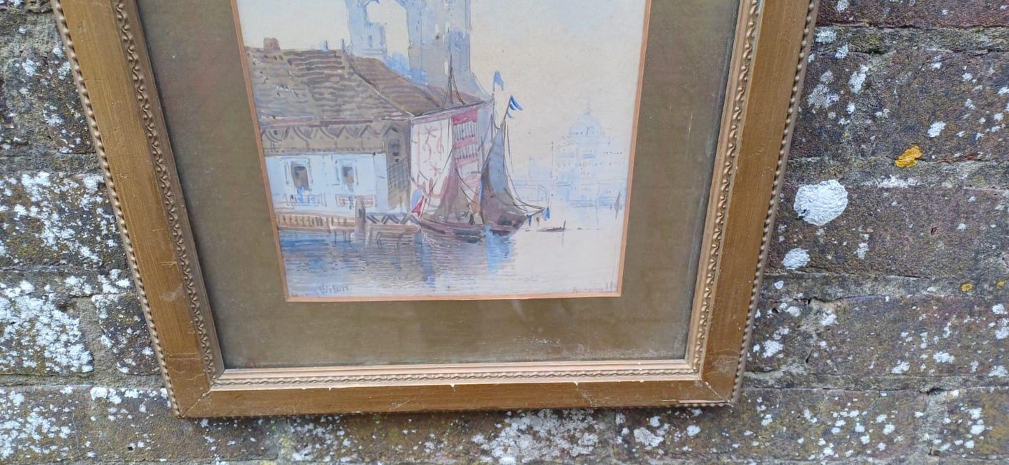 Vintage original watercolours of VENICE. Townscape scenes and water. Signed. Pair of paintings framed in gold painted vintage frames