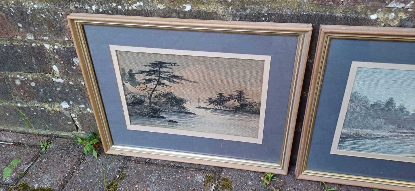Three Vintage Japanese Paintings on Silk - Mount Fuji - three pictures, vintage glazed frames, blues greys browns