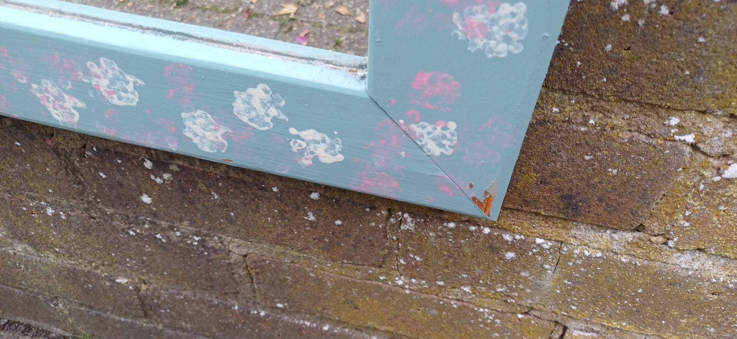 Large Bespoke Hand Painted Mirror with Rope for Hanging. Pink White and Blue