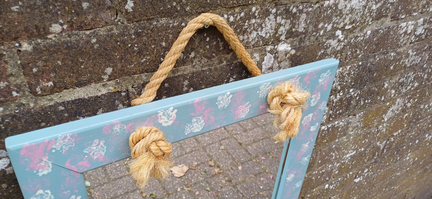 Large Bespoke Hand Painted Mirror with Rope for Hanging. Pink White and Blue
