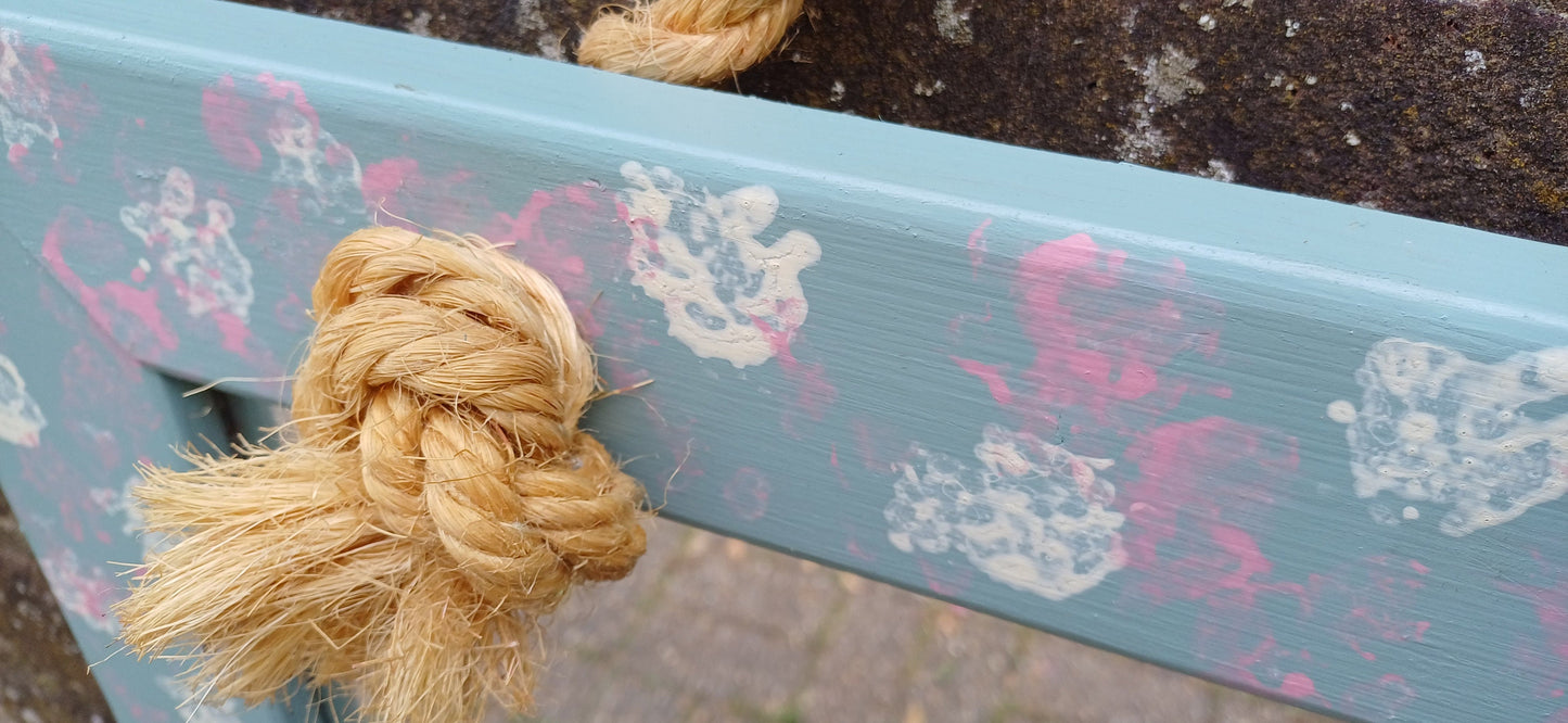 Large Bespoke Hand Painted Mirror with Rope for Hanging. Pink White and Blue