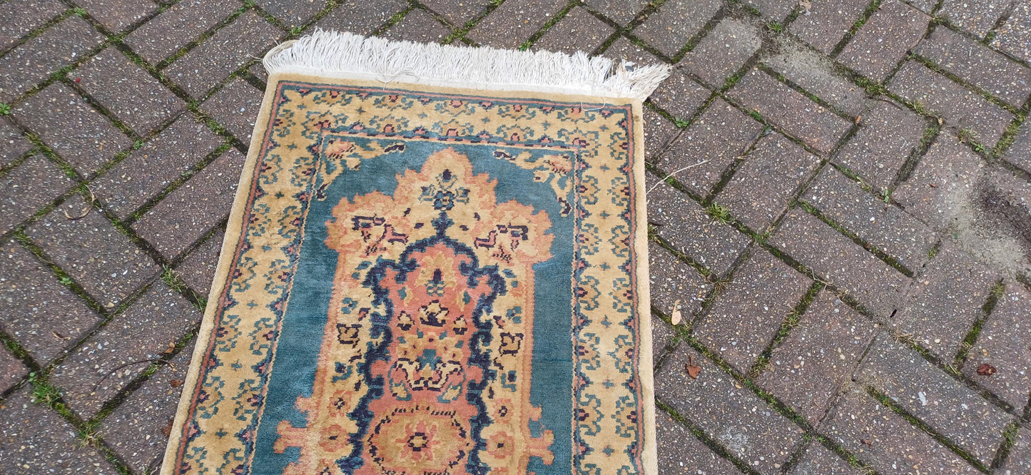 Classic 70s or 80s Decorative Patterned Rug Vintage Wool Woollen Rug Beige Dark Cream 133 x 60 cm