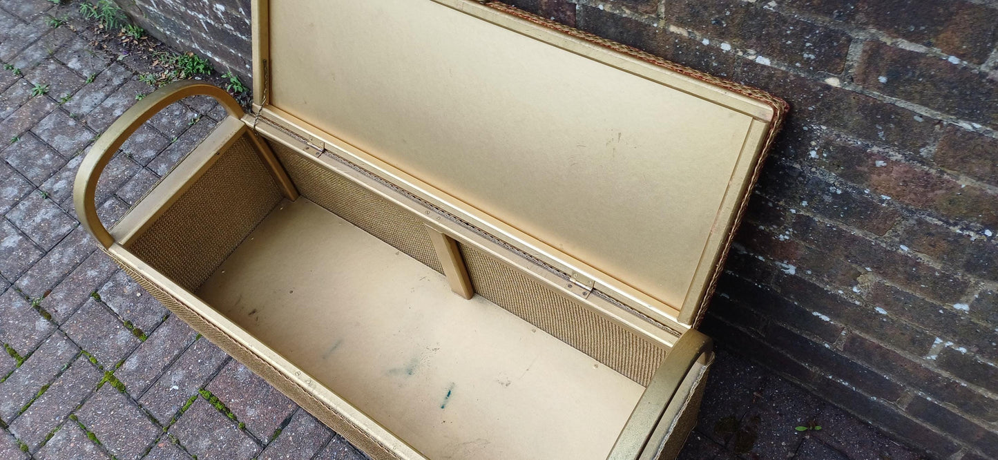 Superbly Preserved Vintage Retro Lloyd Loom Style Upholstered Ottoman in Gold and Red.