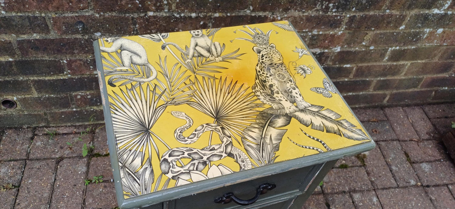 Quirky Painted Shabby Chic Bedside Cupboard with Jungle Wildlife Snake Tiger Monkey Decoupage