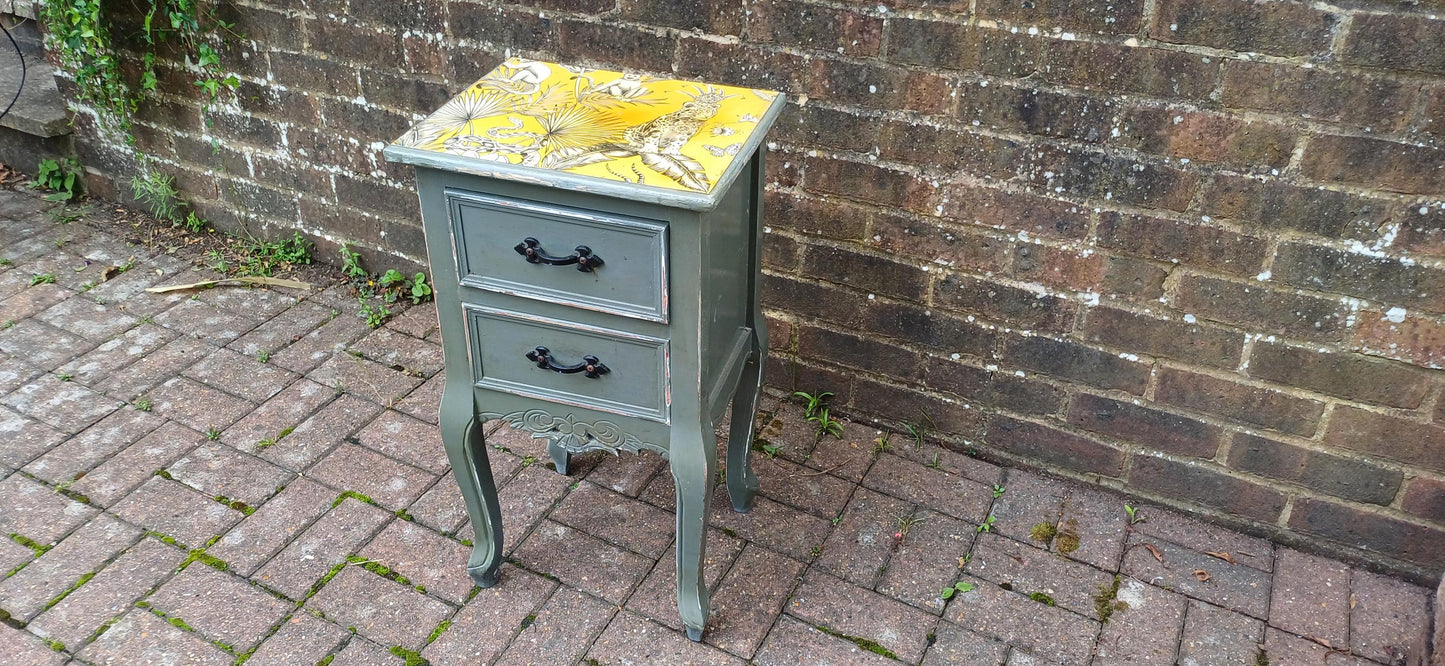Quirky Painted Shabby Chic Bedside Cupboard with Jungle Wildlife Snake Tiger Monkey Decoupage