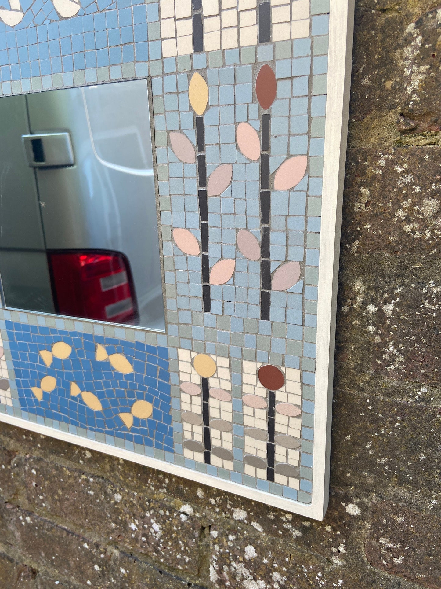 Wonderful vintage mosaic mirror - handmade in Britain - beautiful blues, animals and flowers - art deco like