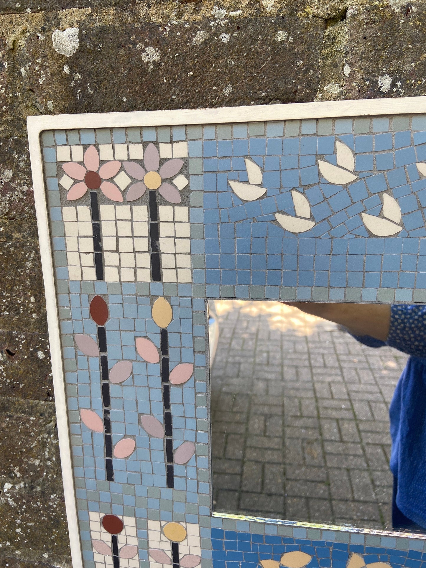 Wonderful vintage mosaic mirror - handmade in Britain - beautiful blues, animals and flowers - art deco like