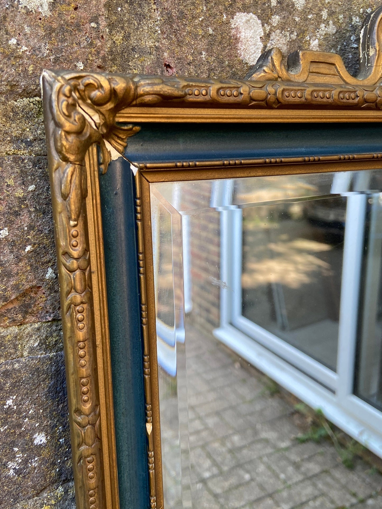 Early 1900s vintage wall mirror - gold gesso and green detailed frame, delightful, excellent quality bevelled glass in wall mirror