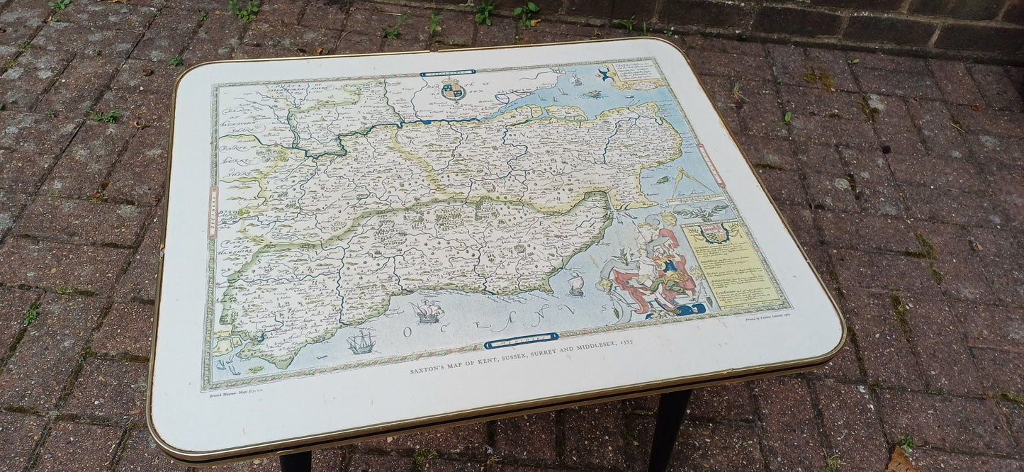 Vintage Retro Caxton Map 60s Coffee Table Saxton’s Map of Kent, Sussex, Surrey and Middlesex, 1575.
