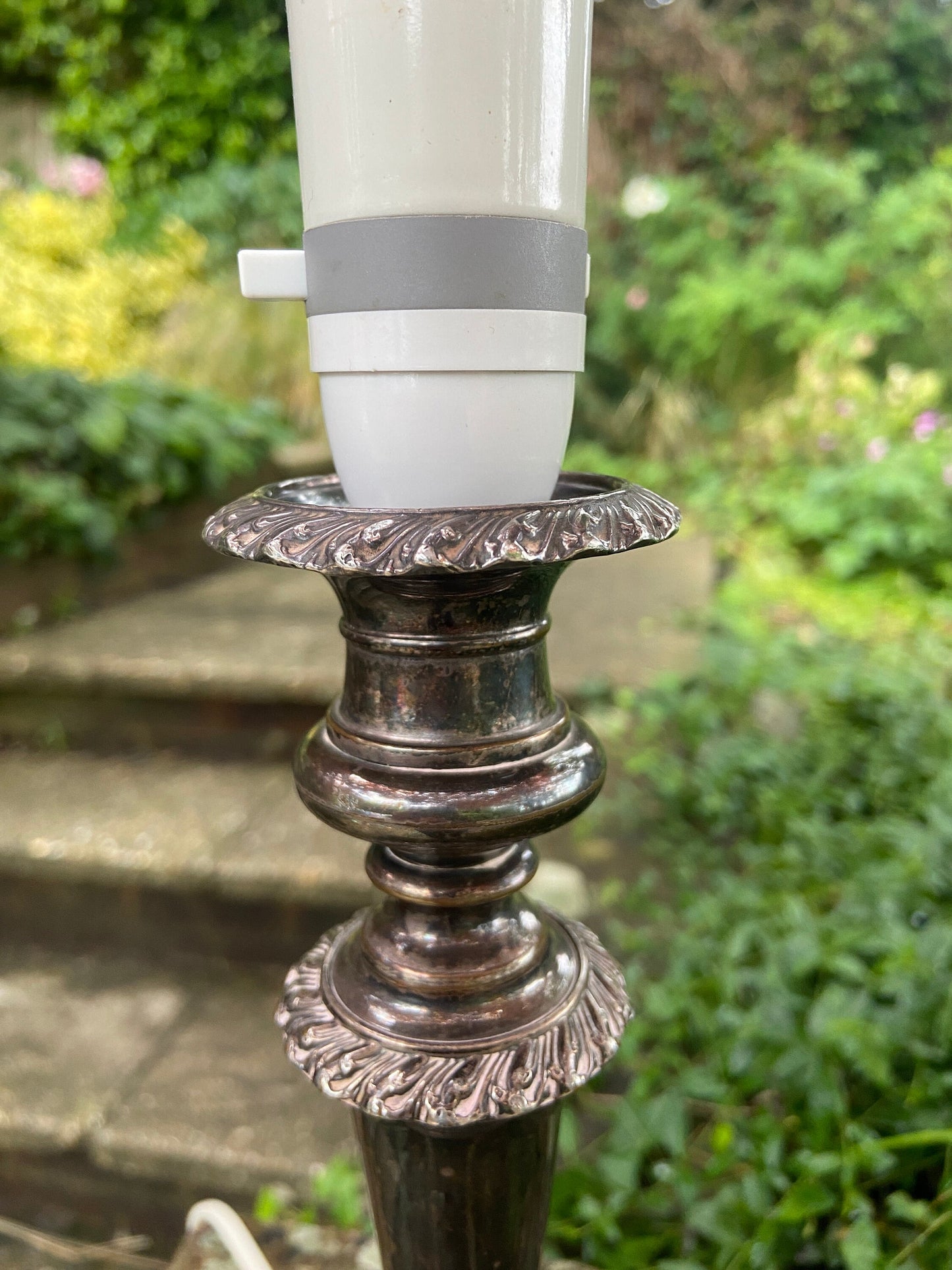Vintage silver plate table lamp - silver and ornate. Working condition. Candelstick Holder Style.