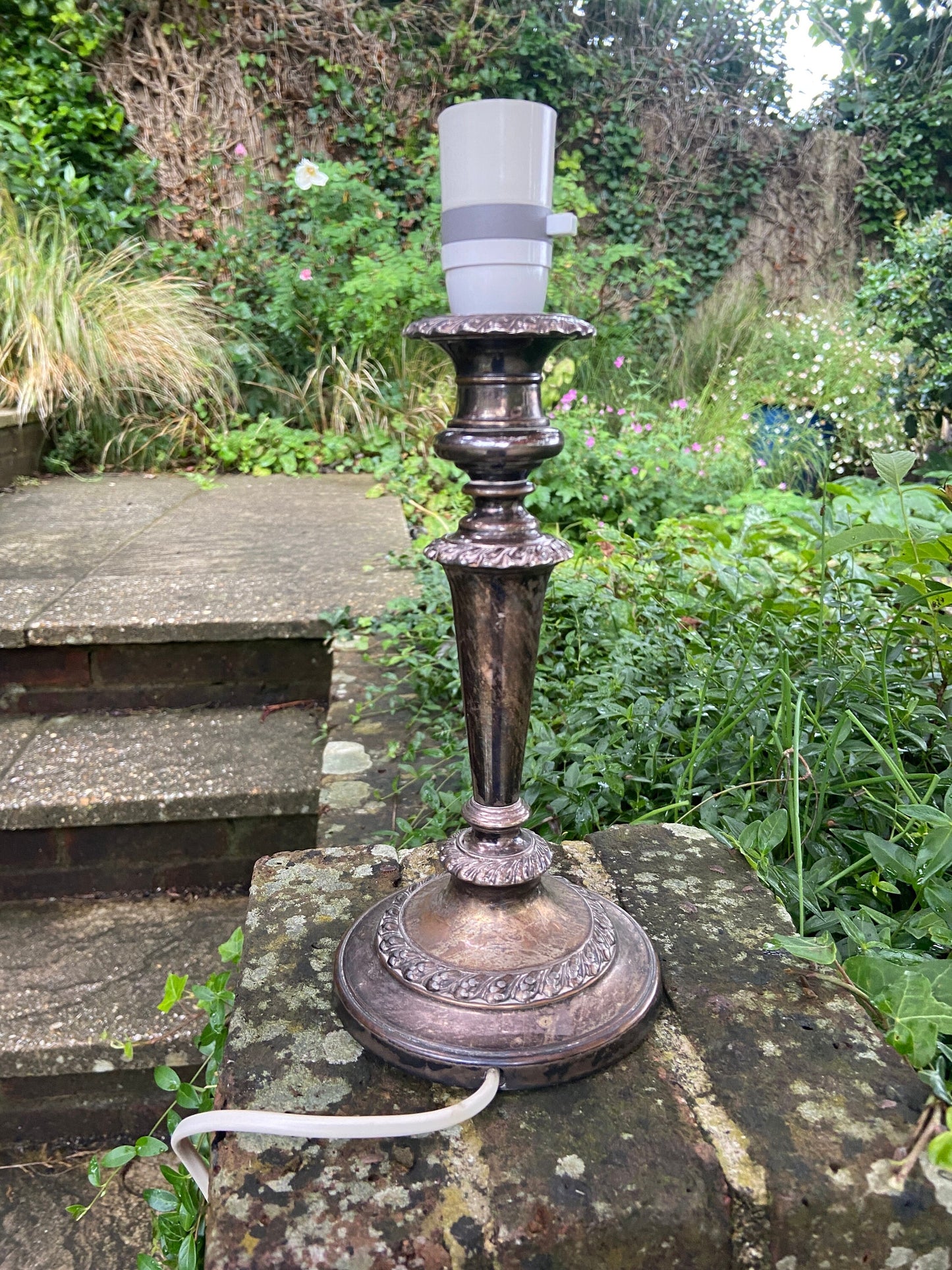 Vintage silver plate table lamp - silver and ornate. Working condition. Candelstick Holder Style.