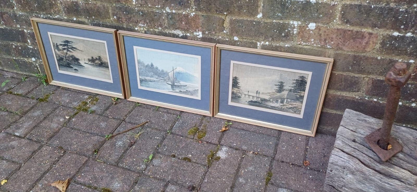 exquisite paintings on silk. Japanese. All with Mount Fuji in the background. Beautiful collection of three paintings. All in glazed vintage wooden frames with glazing. Ready to hang