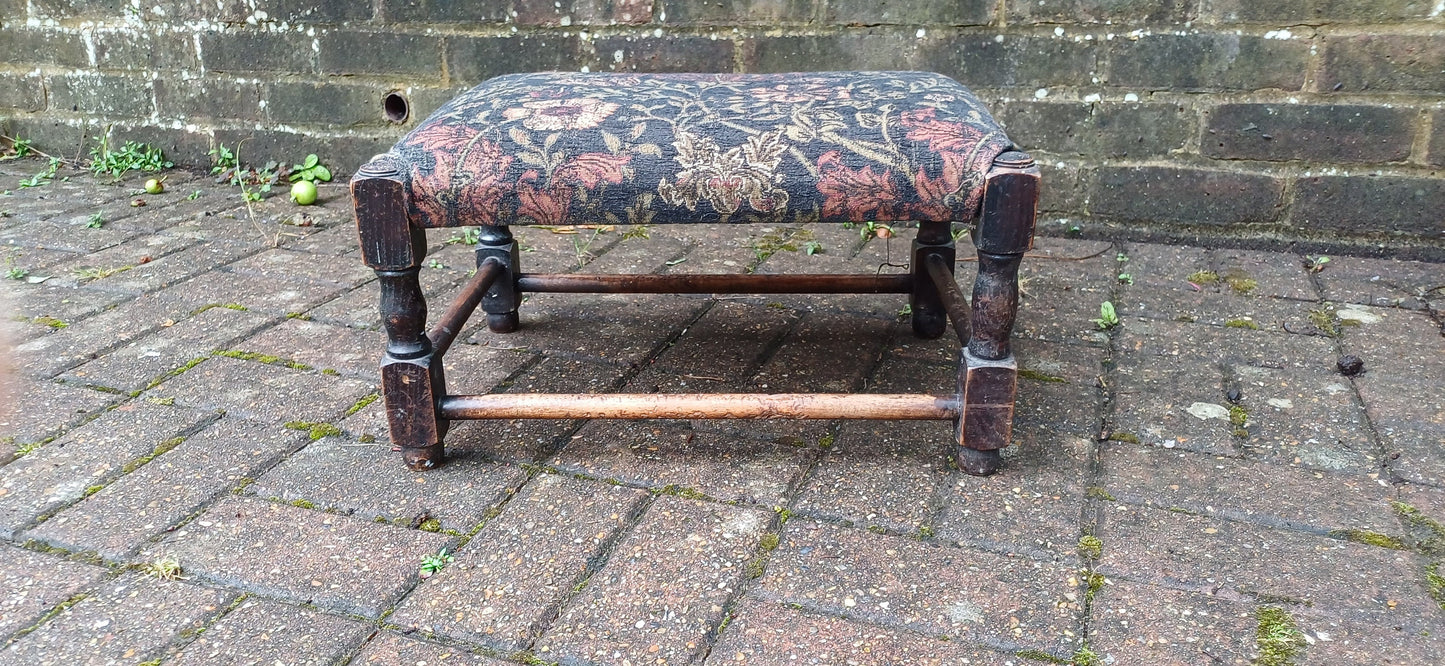Vintage Early 20th Century Solid Oak Upholstered Stool Footstool