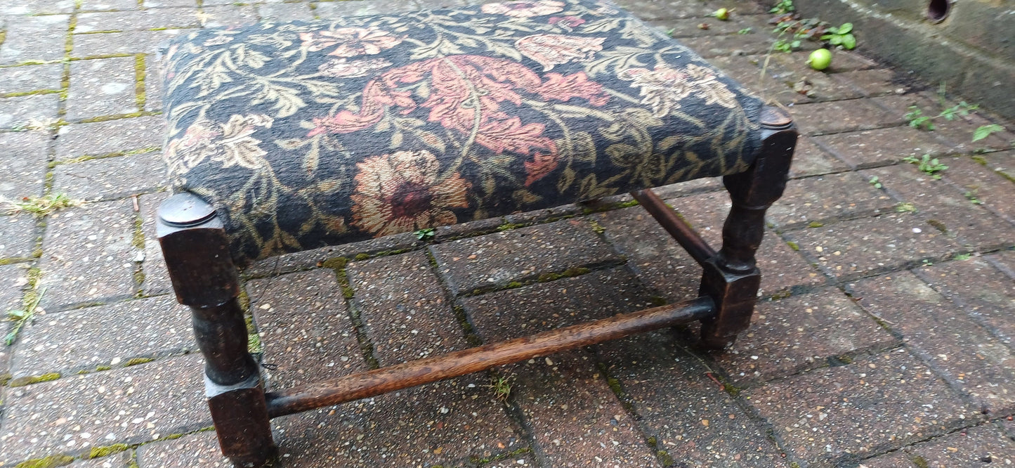 Vintage Early 20th Century Solid Oak Upholstered Stool Footstool