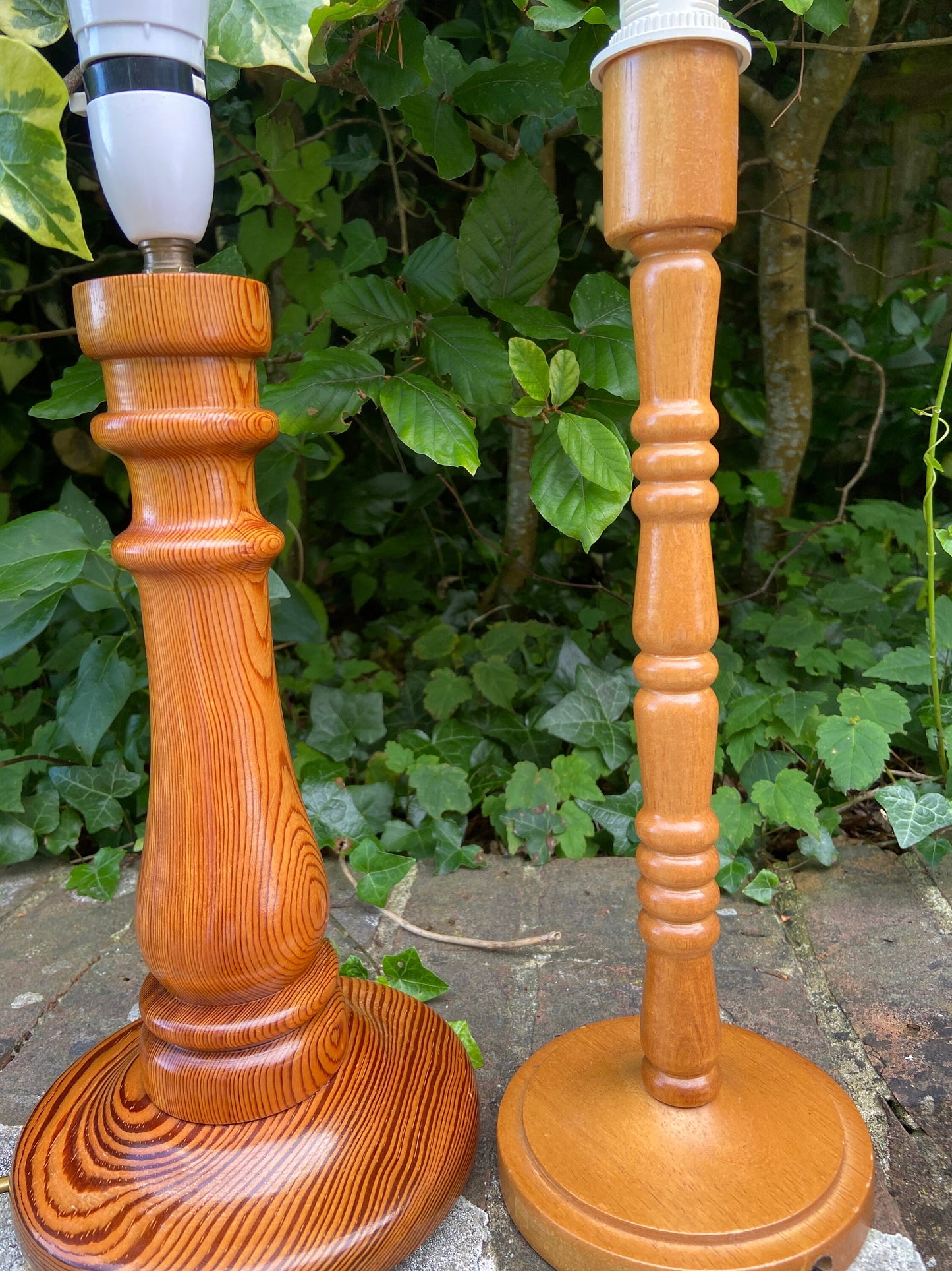 Two vintage wooden / pine table lamps - excellent condition, working