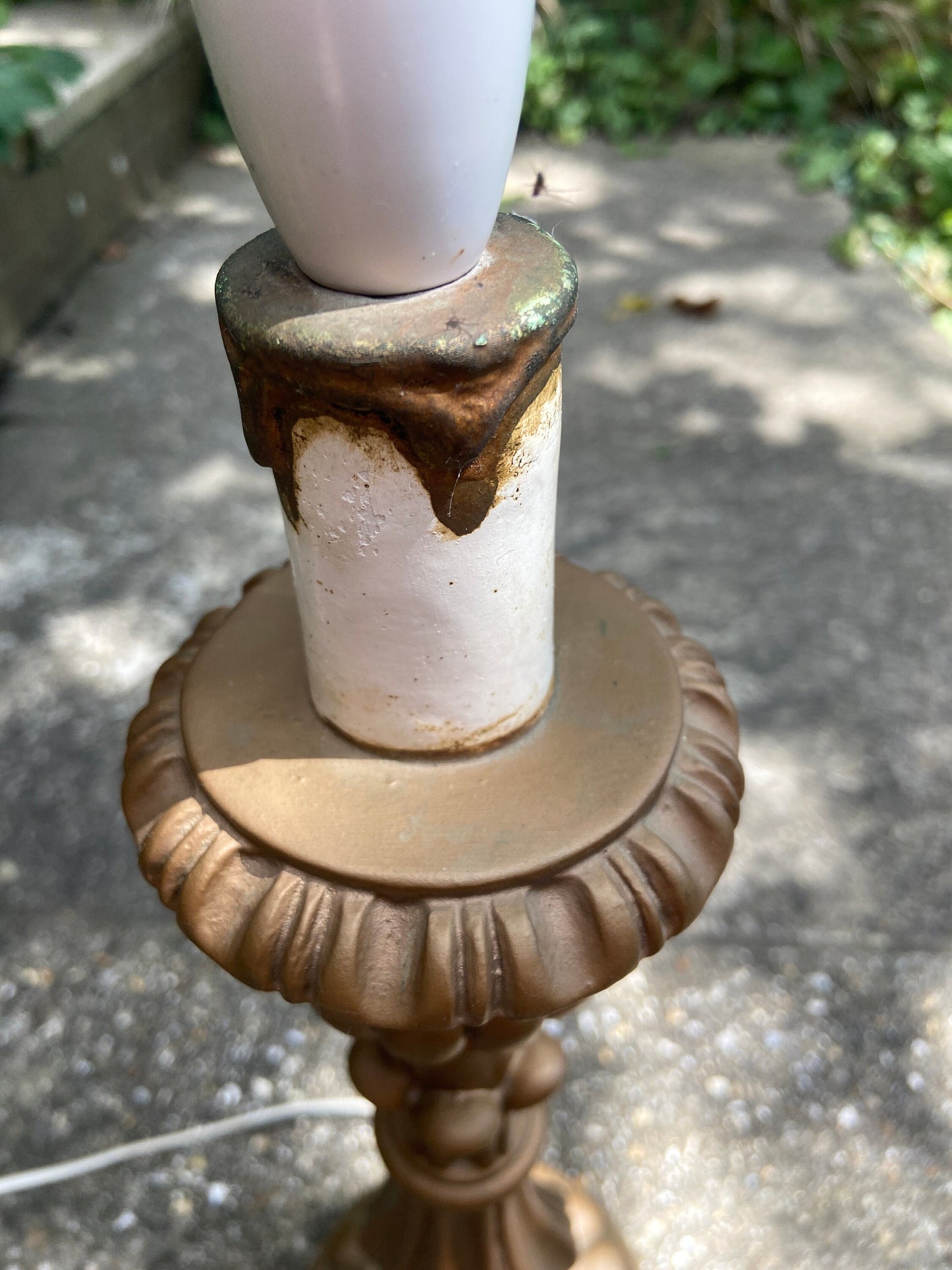 Tall retro vintage table lamp in antique gold - made of resin and painted; classic candelstick holder style, working, vgc