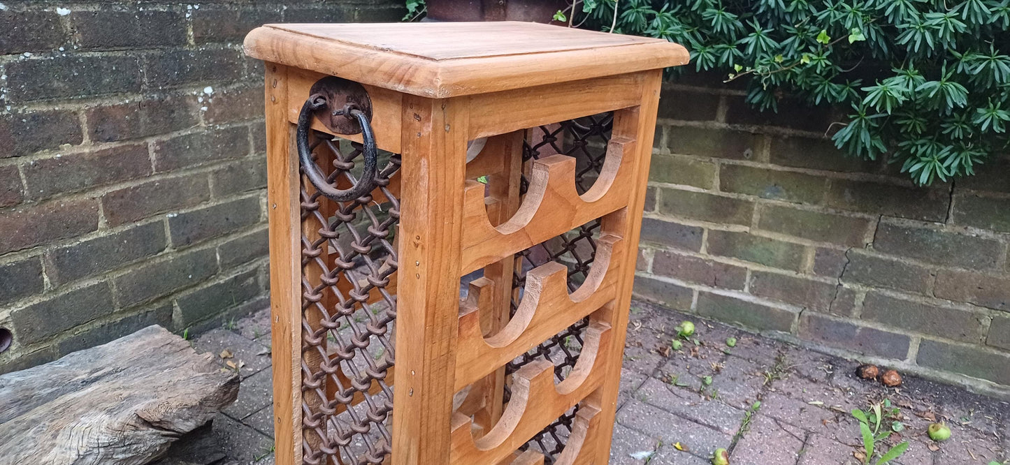 Delightful Vintage 80s Wood Pine Wine Bottle Rack with Iron Decoration