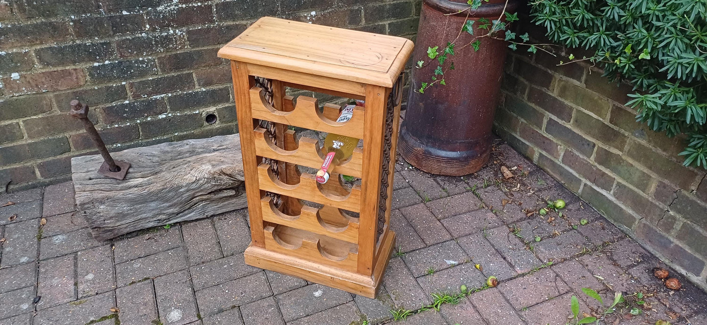 Delightful Vintage 80s Wood Pine Wine Bottle Rack with Iron Decoration