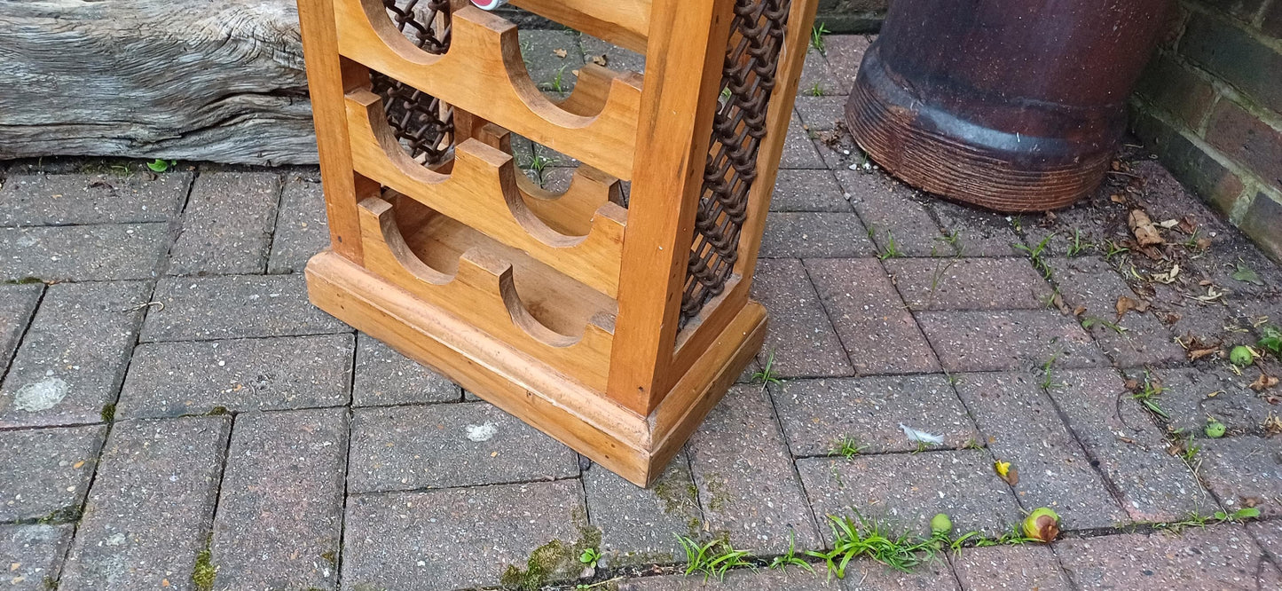 Delightful Vintage 80s Wood Pine Wine Bottle Rack with Iron Decoration