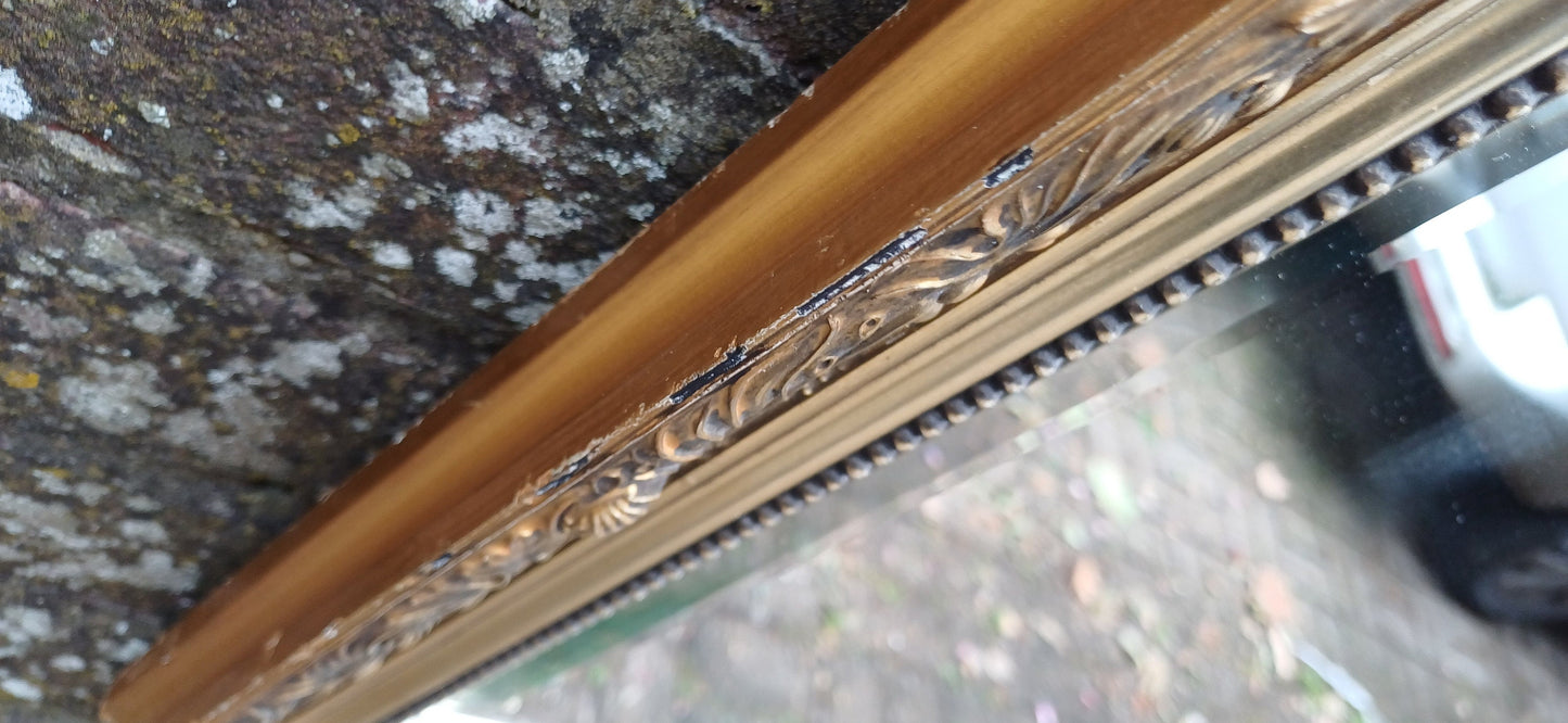 Huge Vintage Quality 80s Gold Gilt Wall Mirror Dark Highlights Wooden Frame Moulded Decoration