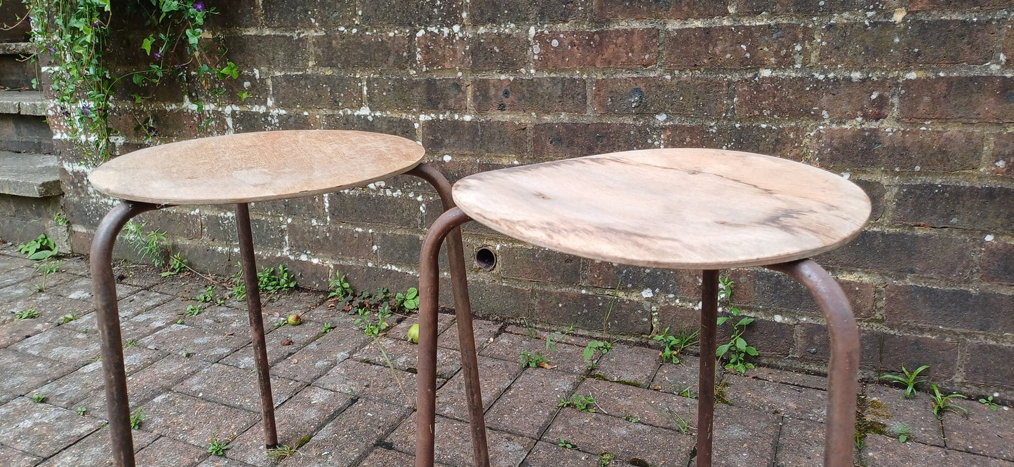 Delightful Pair of Age Worn Metal and Wooden Stools Plant Stands Wine Table Bedside Tables