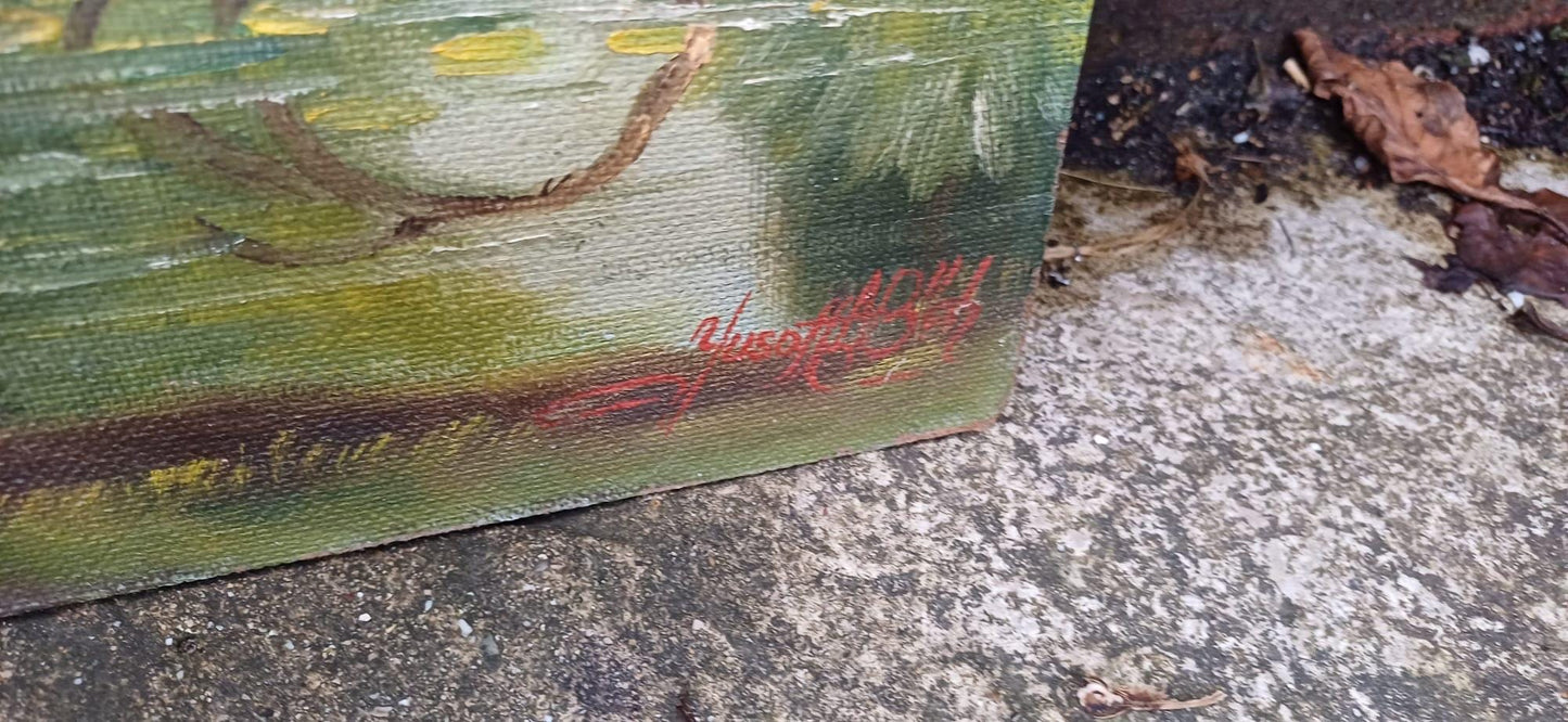 1960s oil on board by artist Yusoff Abdullah. Rural scene of a villager / farmer carrying goods across a field. Signed painting