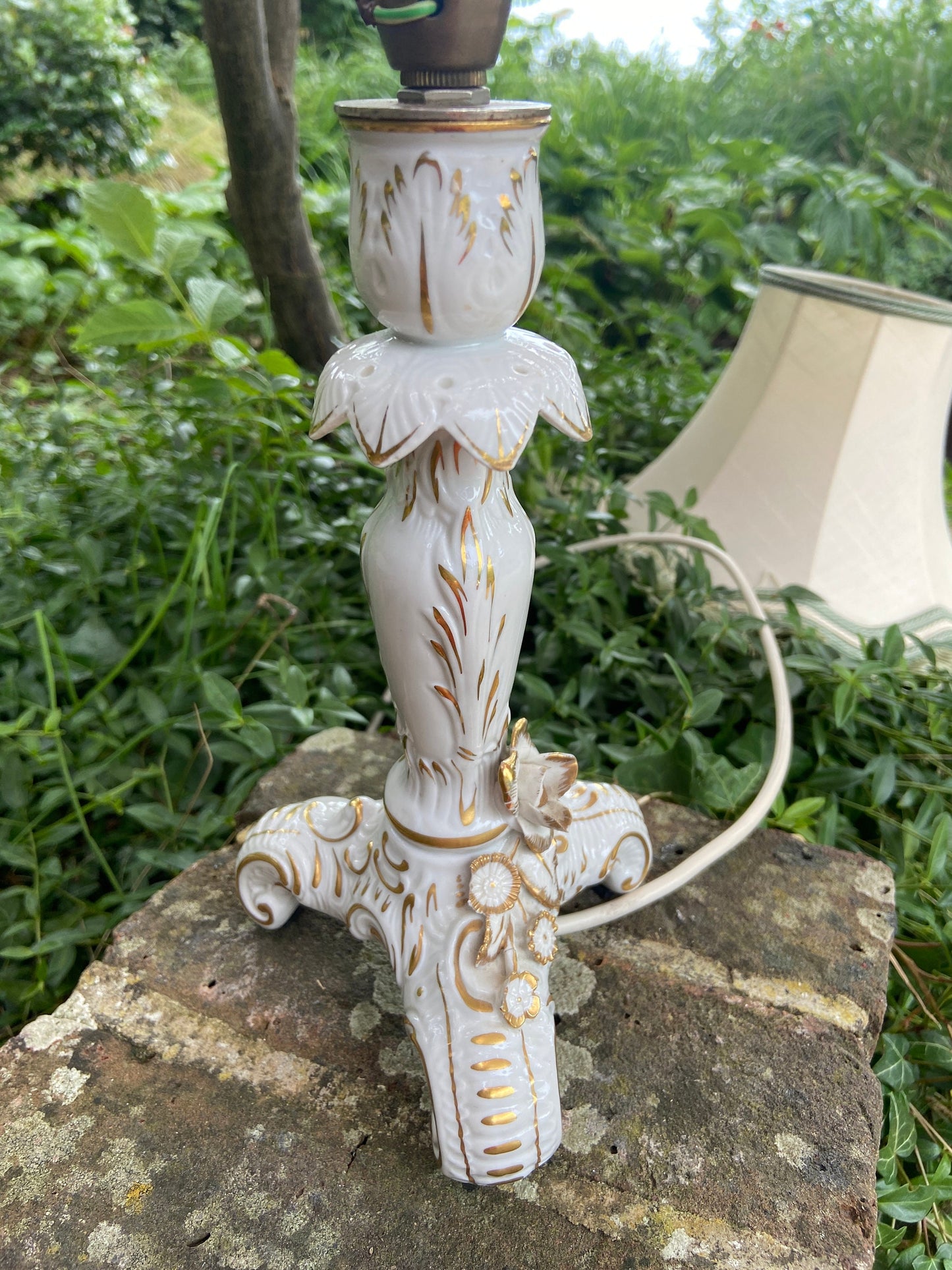 Vintage Dresden Porcelain Table Lamp with flower detail - handpainted 1817 Dresden, with vintage shade, working lamp