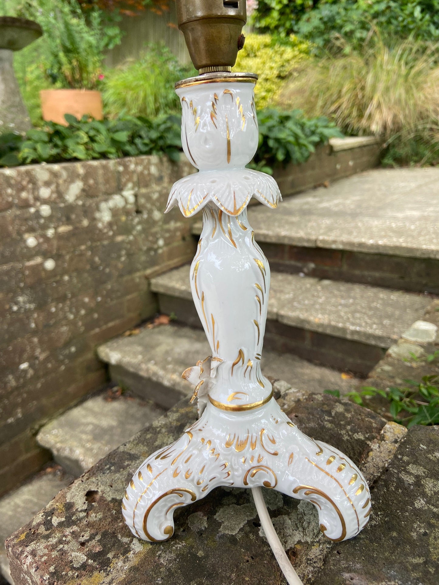 Vintage Dresden Porcelain Table Lamp with flower detail - handpainted 1817 Dresden, with vintage shade, working lamp