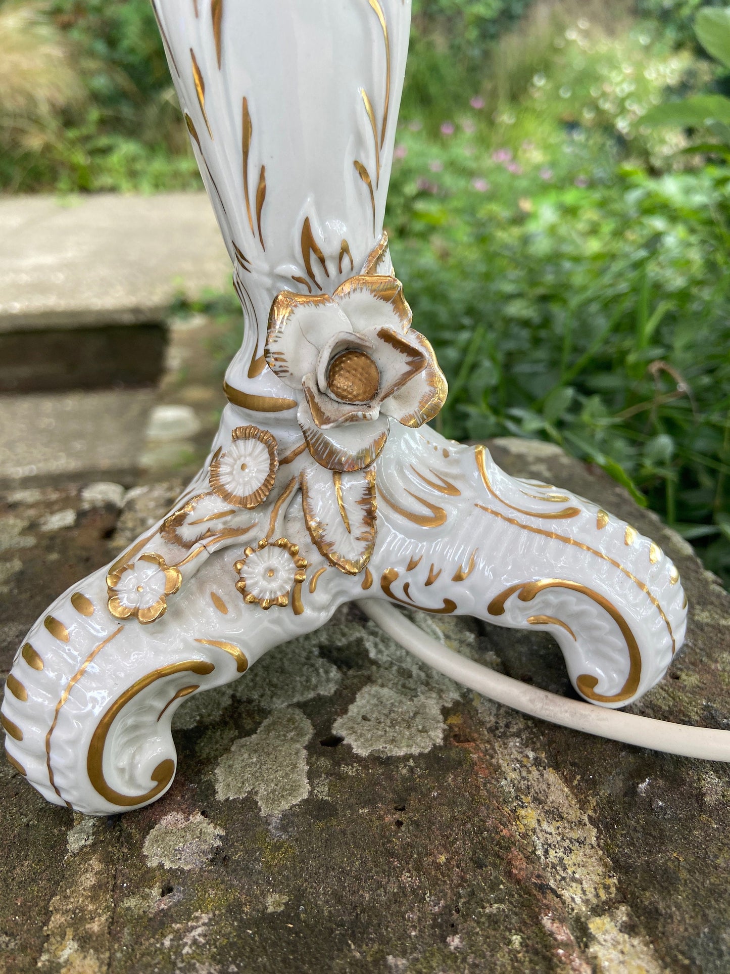 Vintage Dresden Porcelain Table Lamp with flower detail - handpainted 1817 Dresden, with vintage shade, working lamp