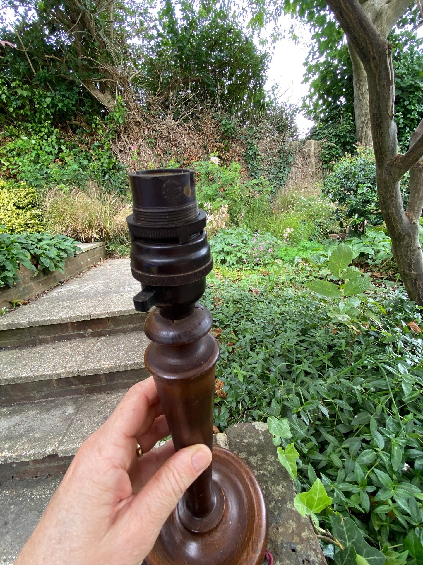 1920s BAKELITE and wooden vintage candlestick lamp, original wiring in burgundy & bakelilte lightbulb fitment - original vintage table lamp