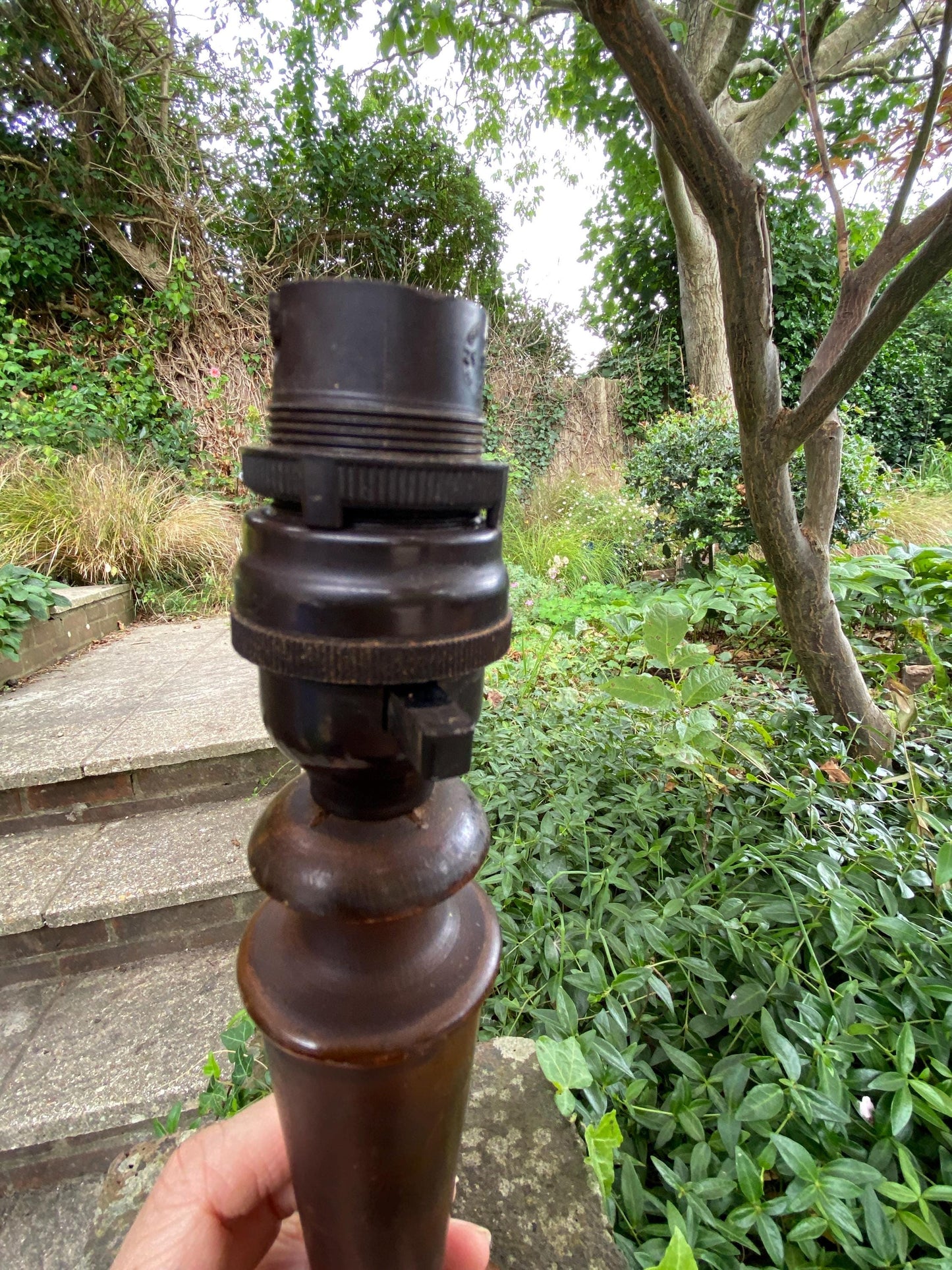 1920s BAKELITE and wooden vintage candlestick lamp, original wiring in burgundy & bakelilte lightbulb fitment - original vintage table lamp