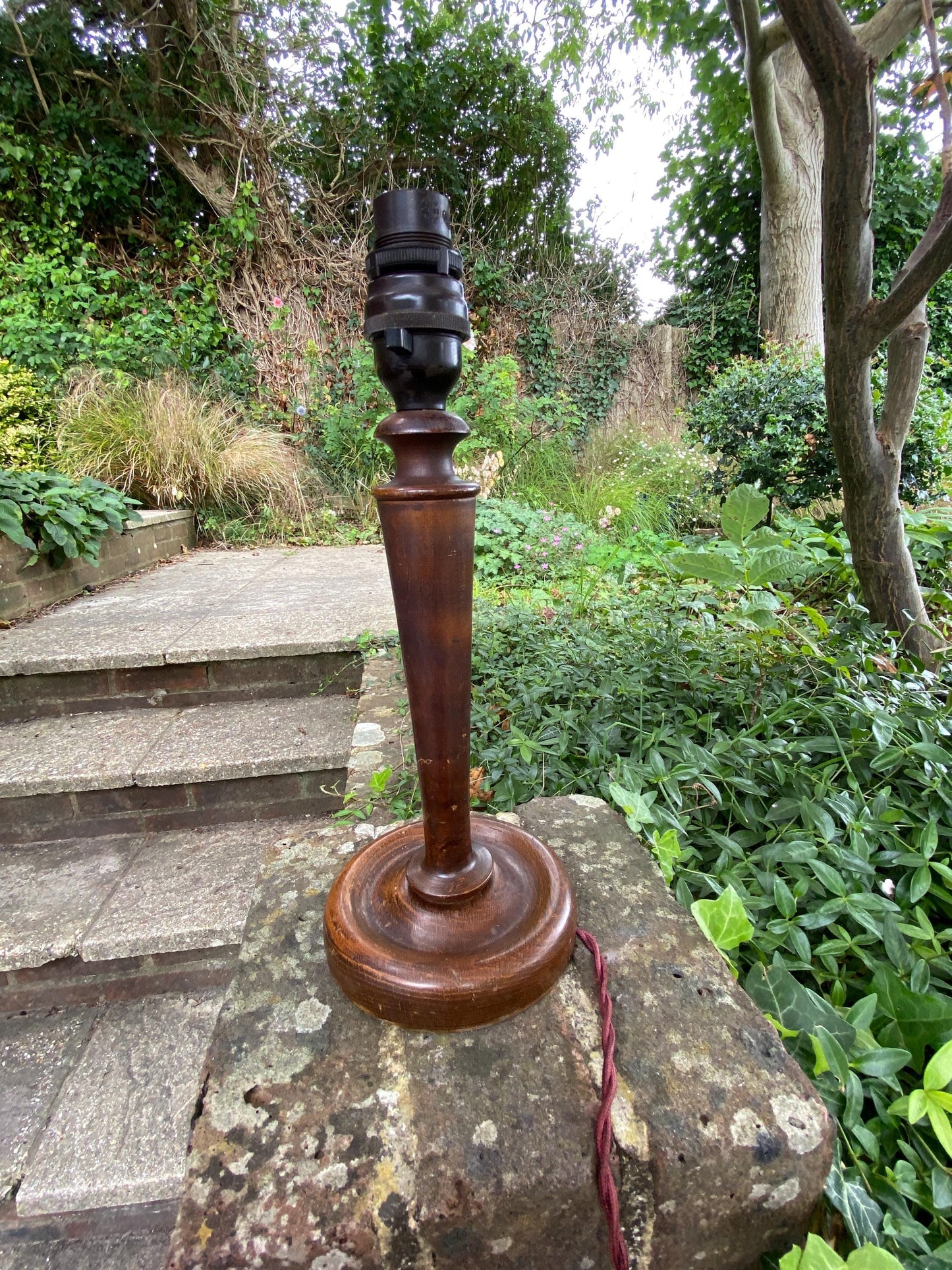 1920s BAKELITE and wooden vintage candlestick lamp, original wiring in burgundy & bakelilte lightbulb fitment - original vintage table lamp